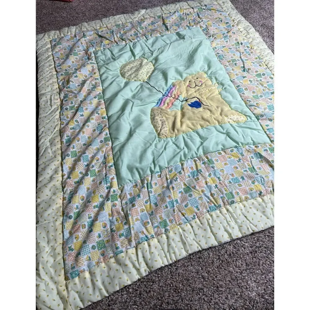 Vintage Corduroy Teddy Bear Balloons Baby Quilt Blanket Nursery Pastel 37 X 32in